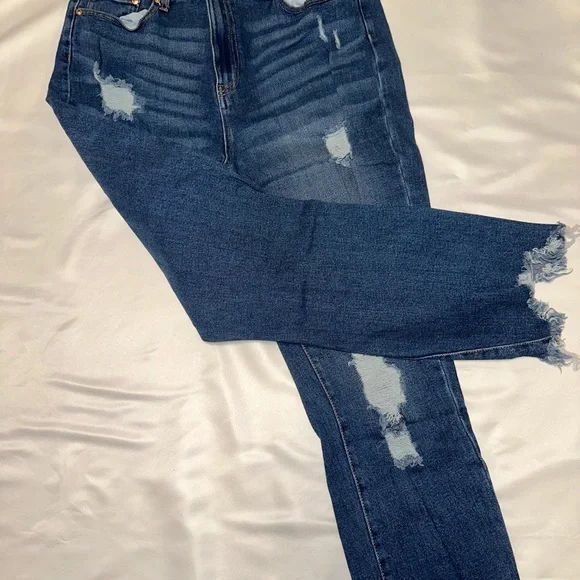 Guess Dark Blue Distressed Straight Leg Jeans - Picture 2 of 6